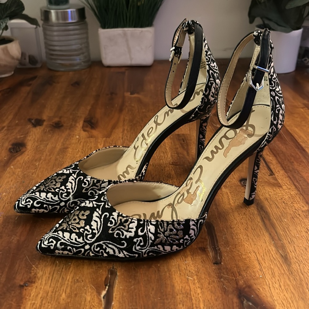 Sam Edelman Black and White Brocade Pointed-Toe Ankle-Strap Heels - Picture 4 of 7